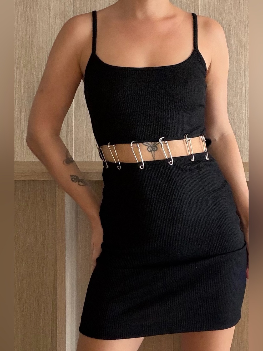 Safety Pin Chain Waist Belt - Black with Silver Hardware